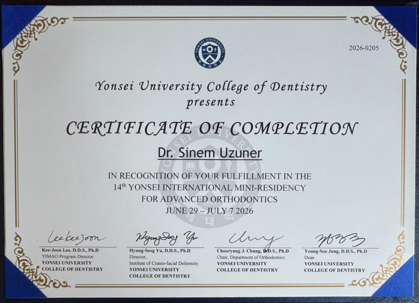 Dr. Sinem Uzuner Yonsei International Mini-Residency Sertifikası